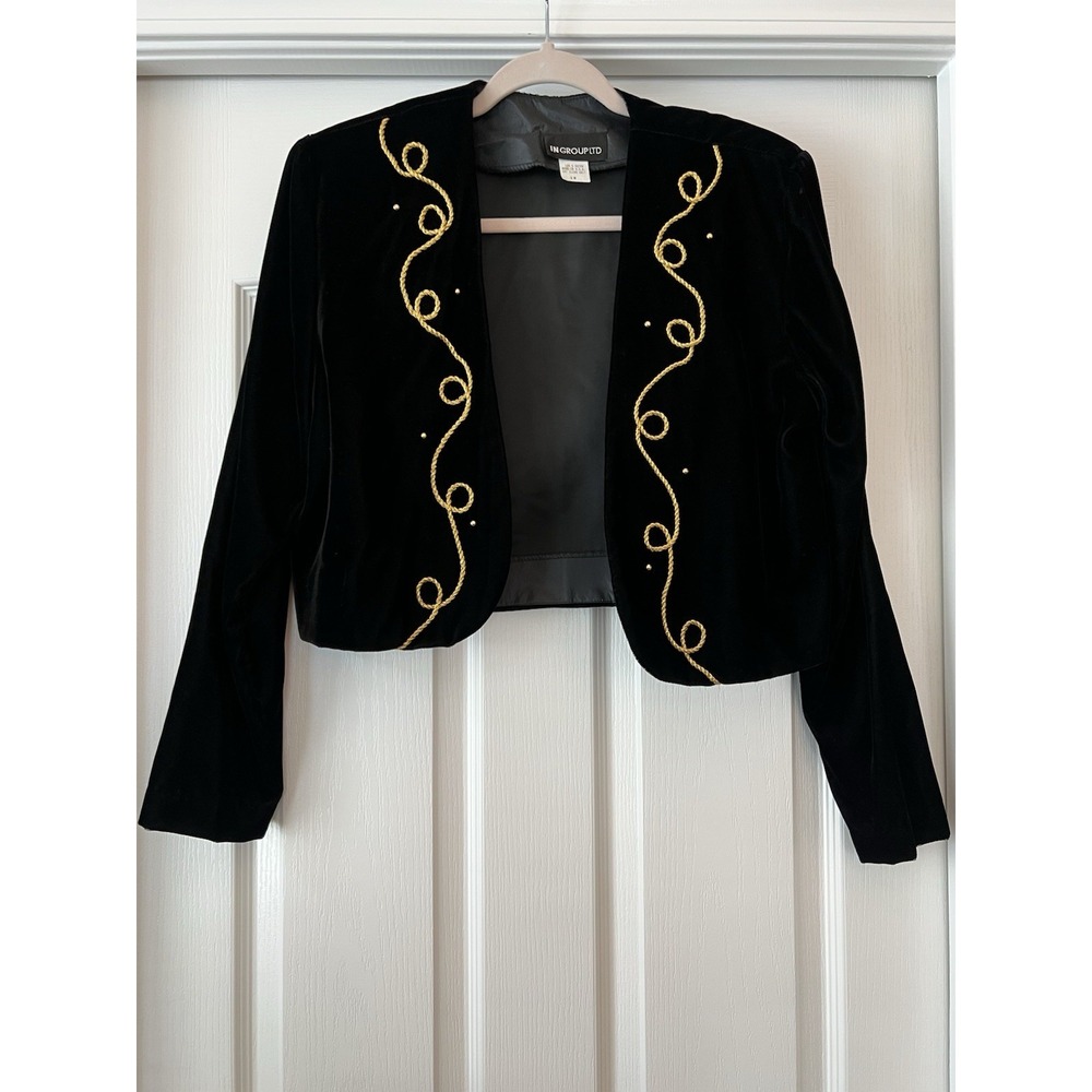 Vintage In Group LTD Black Velvet Jacket Size‎ 10 Steampunk Ringmaster Crop Gold